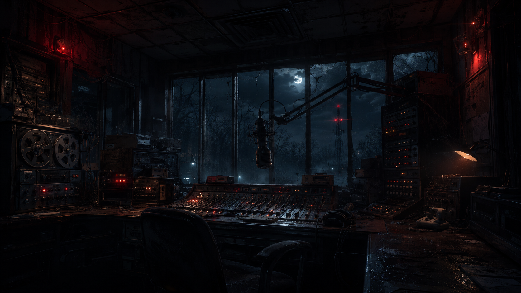 Haunted FM control room filled with analog broadcast equipment.