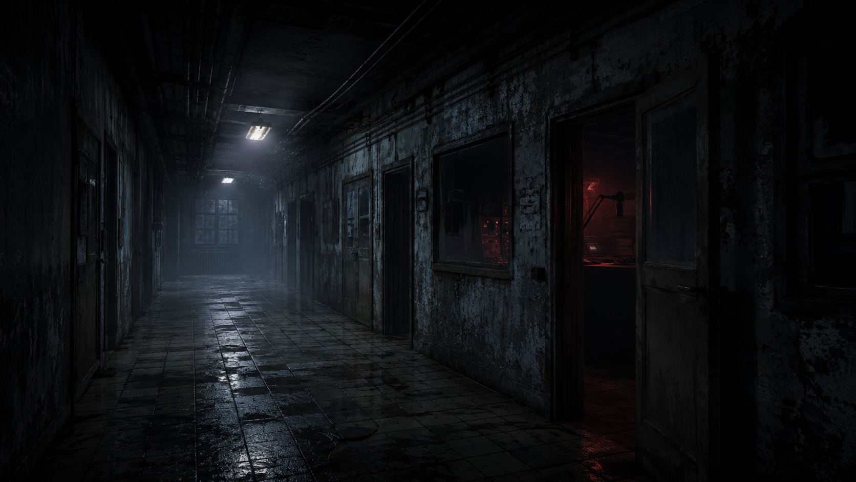 Dark hallway leading toward a red-lit broadcast room.