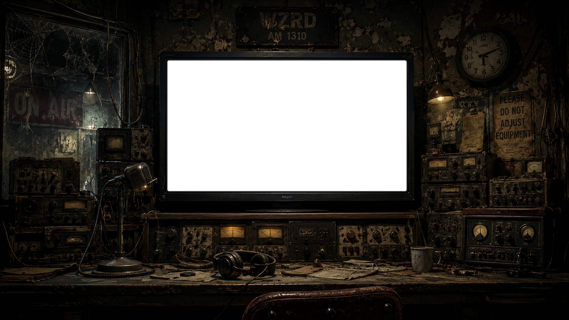 Haunted FM control room screen surrounded by analog radio equipment.