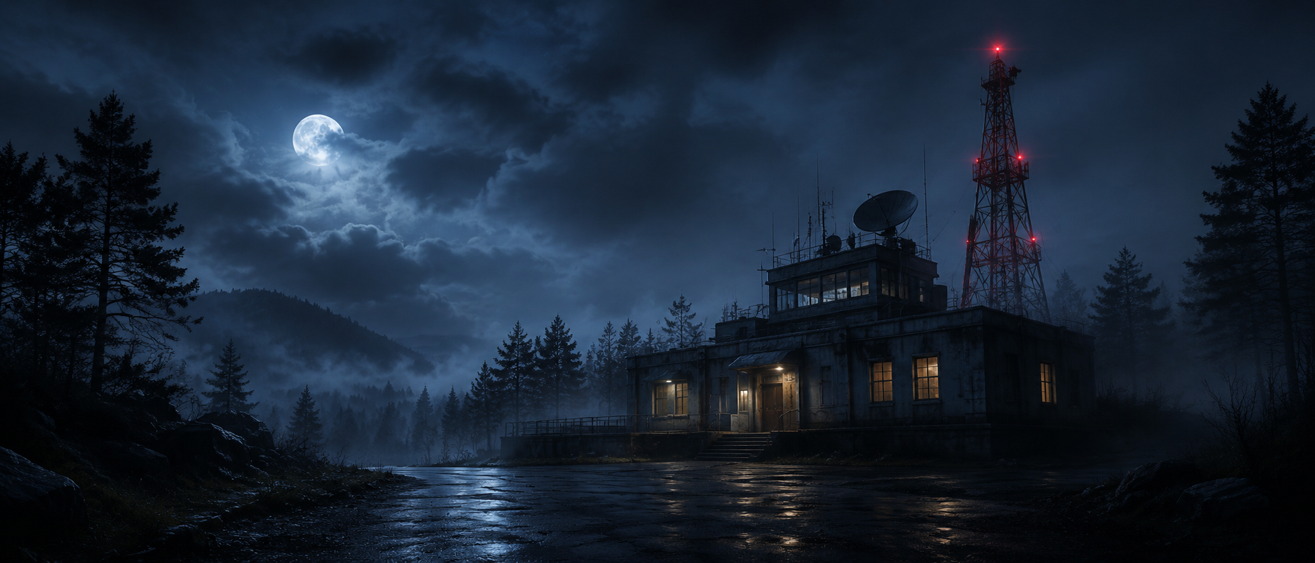 Remote Haunted FM station and tower under moonlight.