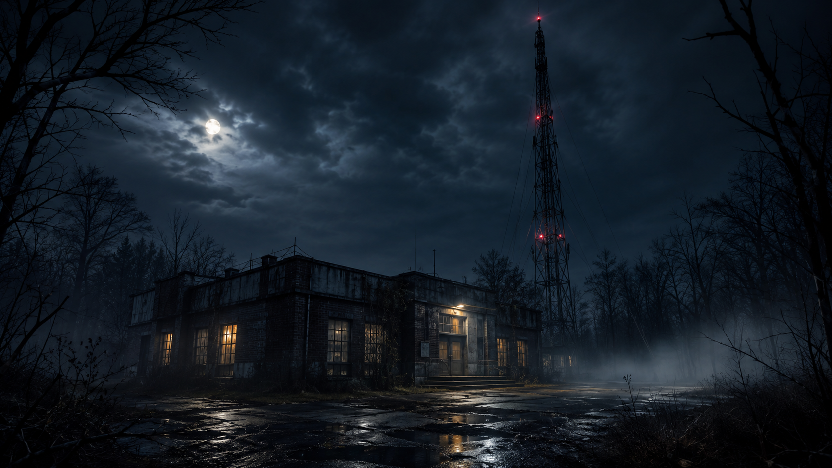 Haunted FM relay building and radio tower in fog.